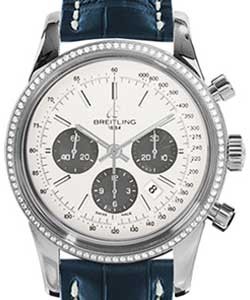 Transocean Chronograph in Steel with Diamond Bezel on Blue Crocodile Leather Strap with Silver Dial