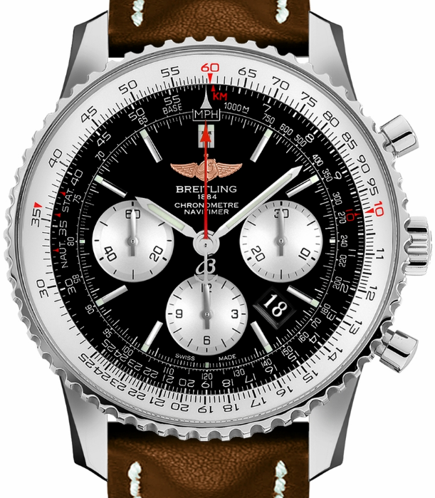 Navitimer 01 Chronograph in Steel on Brown Calfskin Leather Strap with Black Dial