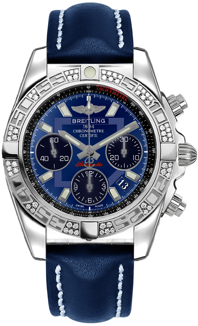 Chronomat 41 in Steel with Diamond Bezel on Blue Calfskin Leather Strap with Blue Dial - Black Subdials