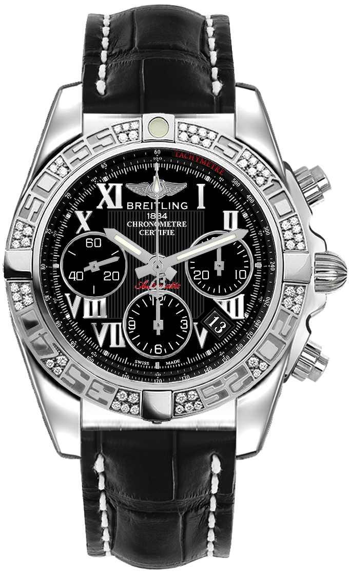 Chronomat 41 Chronograph in Steel with Diamond Bezel on Black Crocodile Leather Strap with Black Dial