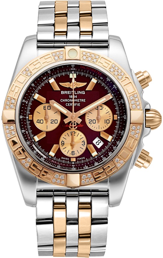 Chronomat 44mm in Polished Steel with Rose Gold Diamond Bezel on 2-Tone Bracelet with Burgundy Dial and Gold Subdials