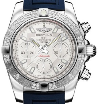 Chronomat 41 in Steel with Diamond Bezel on Blue Diver Pro III Rubber Strap with Silver Dial
