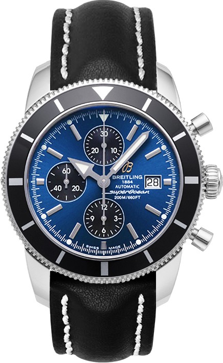 Superocean Heritage Chronograph 46mm Automatic in Steel with Black Bezel on Black Calfskin Leather Strap with Blue Dial