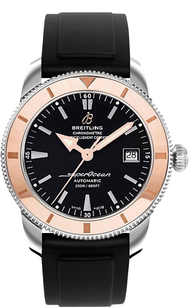 Superocean Heritage 42mm in Steel with Rose Gold Bezel On Black Rubber Strap with Black Dial