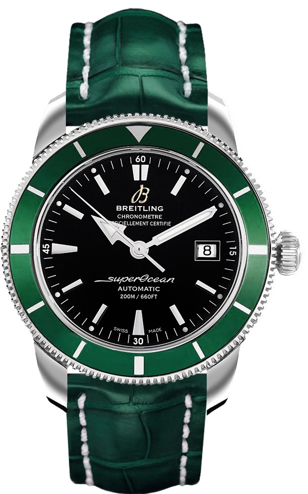 Superocean Heritage 42mm Automatic in Steel with Green Bezel on Green Crocodile Leather Strap with Black Dial