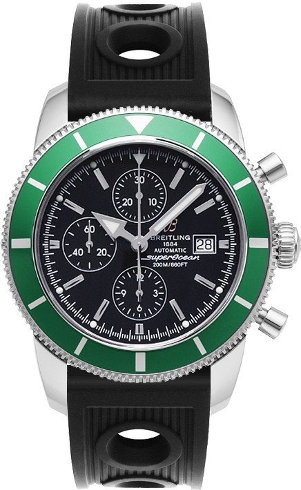 Superocean Heritage Chronograph 46mm Automatic in Steel with Green Bezel on Black Ocean Racer Rubber Strap with Black Dial