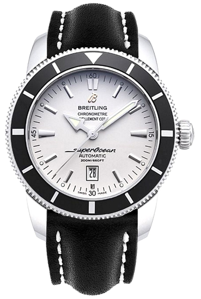 Superocean Heritage 46mm in Steel with Black Bezel on Black Leather Strap with Stratus Silver Dial