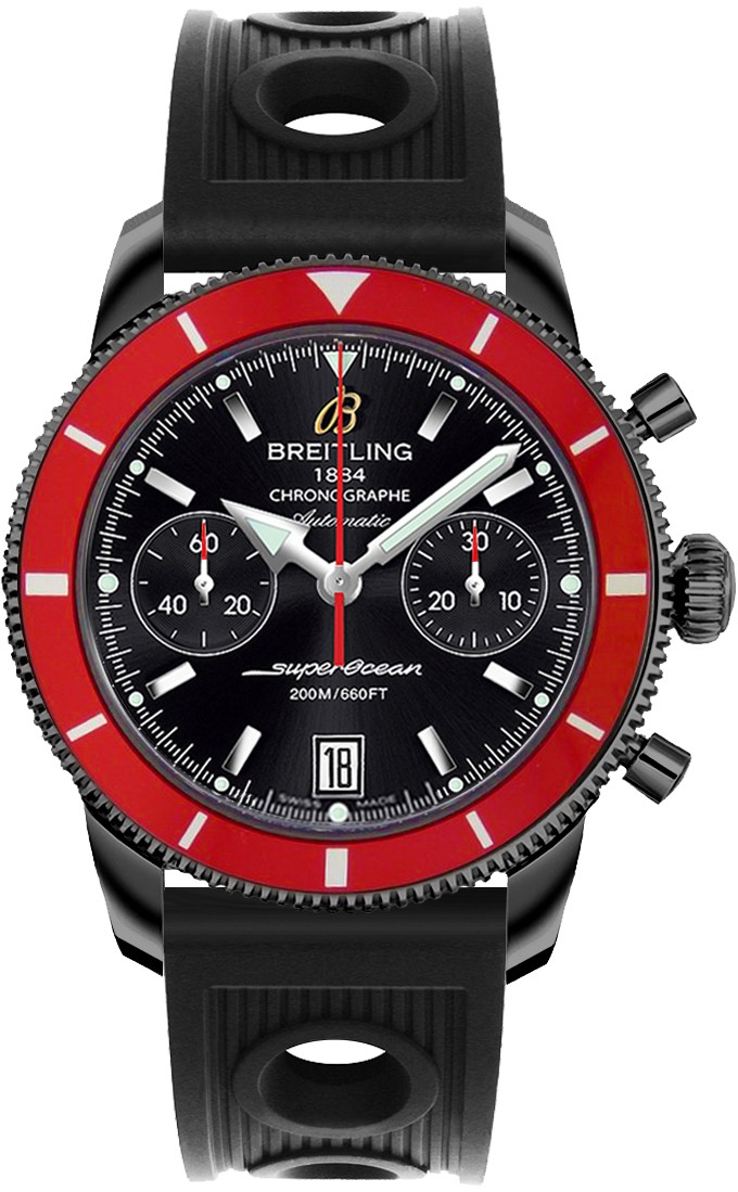 Superocean Heritage Chronograph in Black Steel with Red Bezel on Black Rubber Strap with Volcano Black Dial