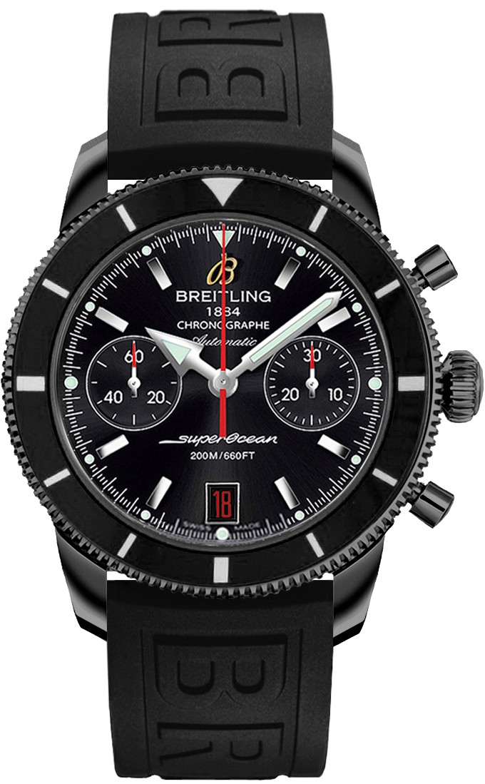 Superocean Heritage Chronograph in Black Steel with Black Bezel on Black Rubber Strap with Black Dial