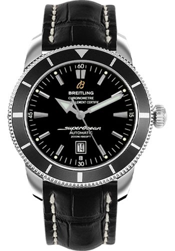 Superocean Heritage 46mm in Steel with Black Bezel on Black Alligator Leather Strap with Black Dial