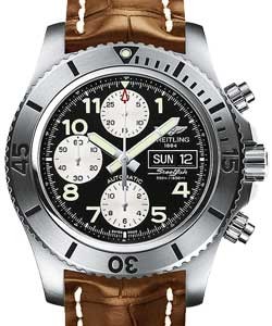 Superocean Chronograph Steelfish 44mm in Steel on Brown Crocodile Leather Strap with Black Dial