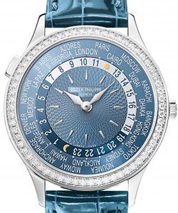 World Time Ladies in White Gold with Diamond Bezel on Blue Alligator Leather Strap with Blue Dial