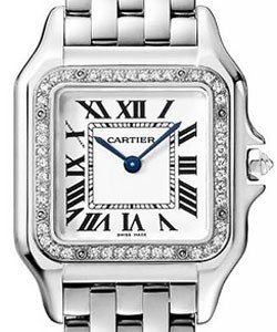 Cartier Panther De Mid Size in White Gold with Diamond Bezel  On White Gold Bracelet with Silver Dial