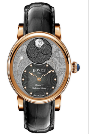 Dimier Recital 11 Miss Alexandra Moon Phase in Rose Gold on Black Crocodile Leather Strap with Black MOP Guilloche Diamonds Dial
