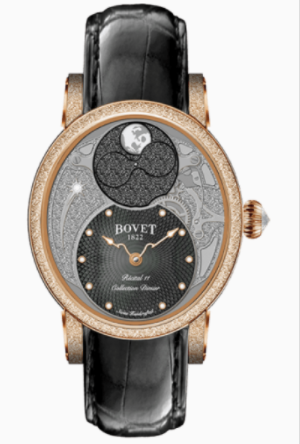 Dimier Recital 11 Miss Alexandra Moon Phase in Rose Gold with Diamonds Bezel and Lugs on Black Crocodile Leather Strap with Black MOP Guilloche Diamonds Dial