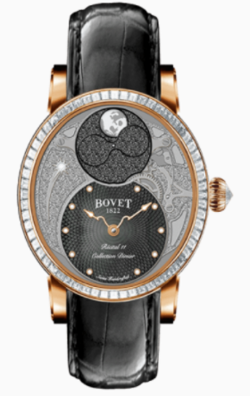 Dimier Recital 11 Miss Alexandra Moon Phase in Rose Gold with Baguette Diamonds Bezel on Black Crocodile Leather Strap with Black MOP Guilloche Diamonds Dial