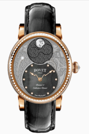 Dimier Recital 11 Miss Alexandra Moon Phase in Rose Gold with Diamonds Bezel on Black Crocodile Leather Strap with Black MOP Guilloche Diamonds Dial