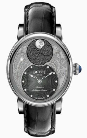 Dimier Recital 11 Miss Alexandra Moon Phase in White Gold on Black Crocodile Leather Strap with Black MOP Guilloche Diamonds Dial