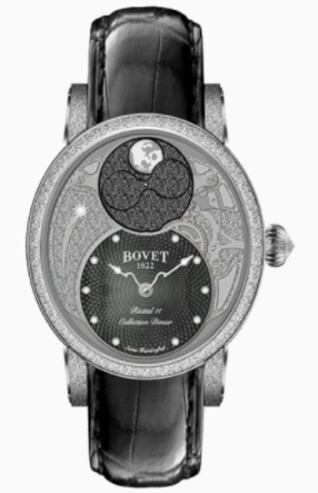 Dimier Recital 11 Miss Alexandra Moon Phase in White Gold with Diamonds Bezel and Lugs on Black Crocodile Leather Strap with Black MOP Guilloche Diamonds Dial