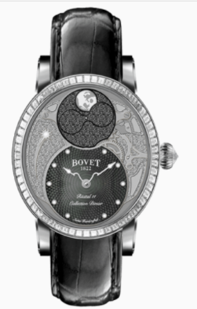 Dimier Recital 11 Miss Alexandra Moon Phase in White Gold with Baguette Diamonds Bezel on Black Crocodile Leather Strap with Black MOP Guilloche Diamonds Dial