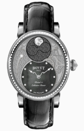 Dimier Recital 11 Miss Alexandra Moon Phase in White Gold with Diamonds Bezel on Black Crocodile Leather Strap with Black MOP Guilloche Diamonds Dial