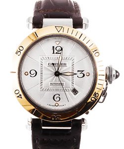 Pasha 38mm in Steel and Yellow Gold Bezel on Brown Crocodile Leather Strap with Silver Dial
