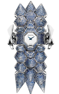 Haute Joaillerie Diamond Outrage Quartz in White Gold with Blue Sapphires on White Gold and Blue Sapphire Bracelet with Mirror Polished and Blue Hand Dial