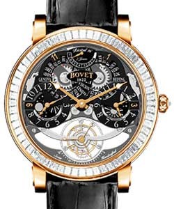 Dimier Recital 16 Tourbillon 46mm in Rose Gold with Baguette Diamonds Bezel on Black Crocodile Leather Strap with Black Dial