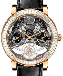 Dimier Recital 16 Tourbillon 46mm in Rose Gold with Baguette Diamonds Bezel on Black Crocodile Leather Strap with Black MOP Dial