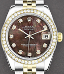Mid Size 2-Tone Datejust in Steel with YG Diamond Bezel on Jubilee Bracelet with Black MOP Diamond Dial