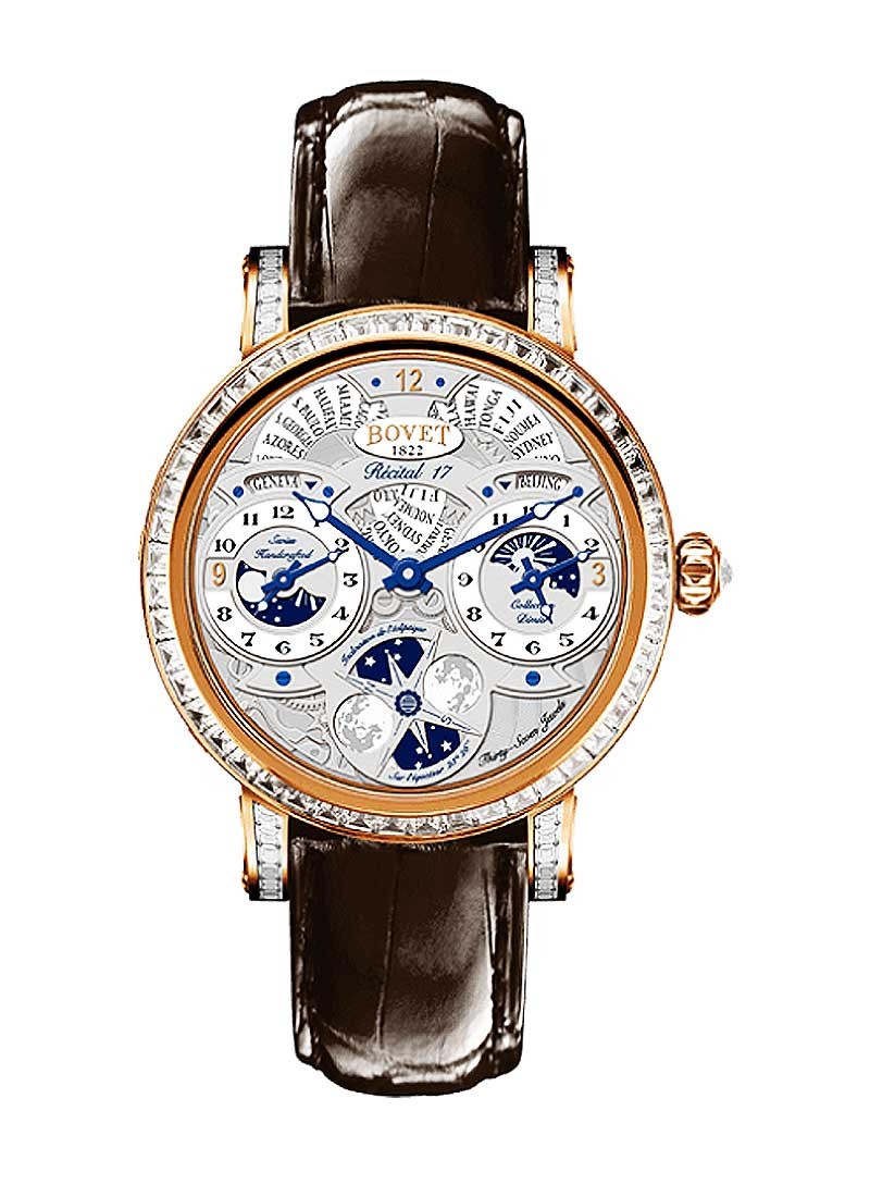 Bovet Dimier Recital 17 Moon Phase 45.3mm in Rose Gold with Baguette and Lugs on Bezel