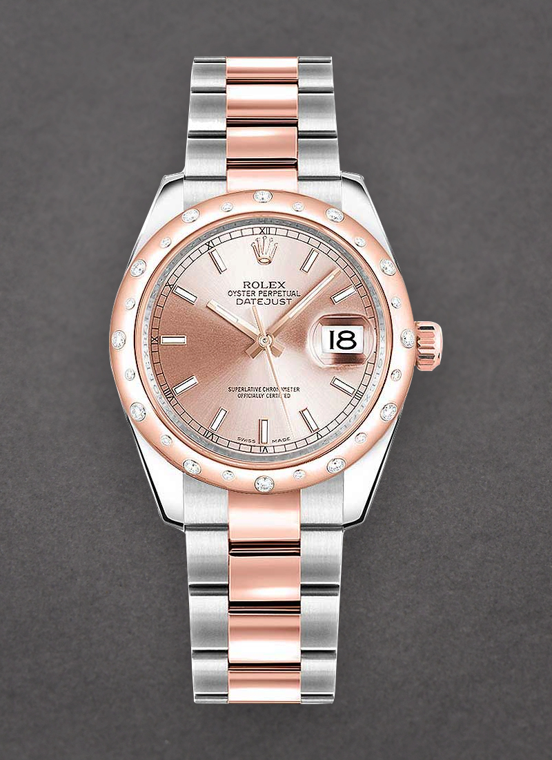 Rolex Unworn Mid Size Datejust 31mm in Steel with Rose Gold Diamond Bezel