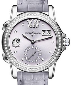 Classic Dual Time 37.5mm in Steel with Diamonds Bezel on Alligator Leather Strap with Lilac Sunray Dial