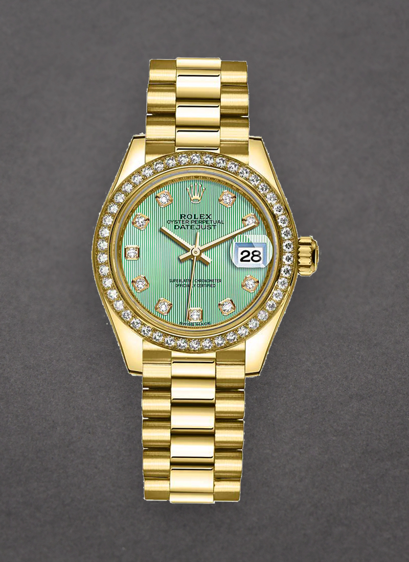 Rolex Unworn President 28mm in Yellow Gold with Diamond Bezel