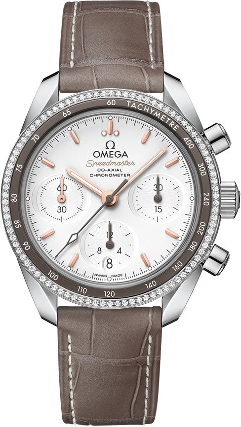 Speedmaster Co-Axial Chronograph 38mm in Steel with Diamonds and Inner Grey Aluminum Bezel on Brown Alligator Leather Strap with Opaline Silver Dial