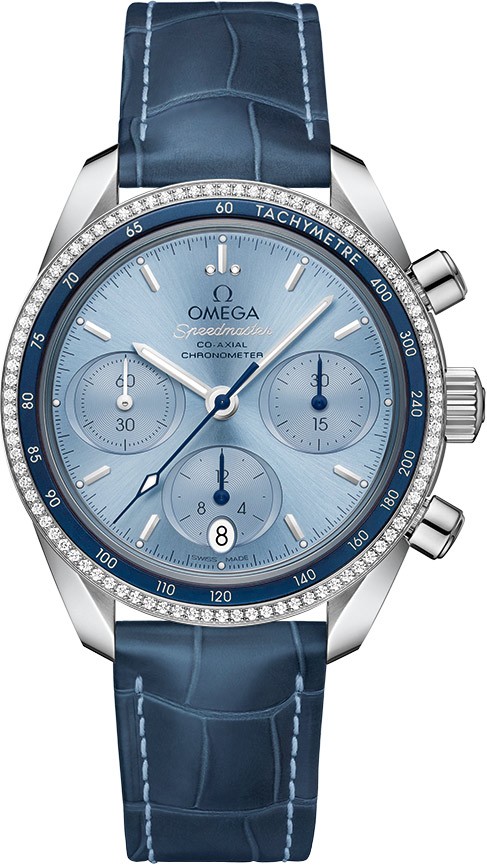 Speedmaster Co-Axial Chronograph 38mm in Steel with Diamonds and Dark Blue Aluminum Bezel on Blue Alligator Leather Strap with Blue Dial