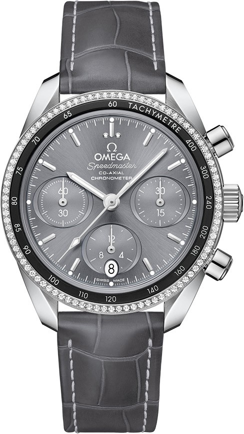 Speedmaster Co-Axial Chronograph 38mm in Steel with Diamonds and Inner Black Aluminum Bezel on Grey Alligator Leather Strap with Grey Dial