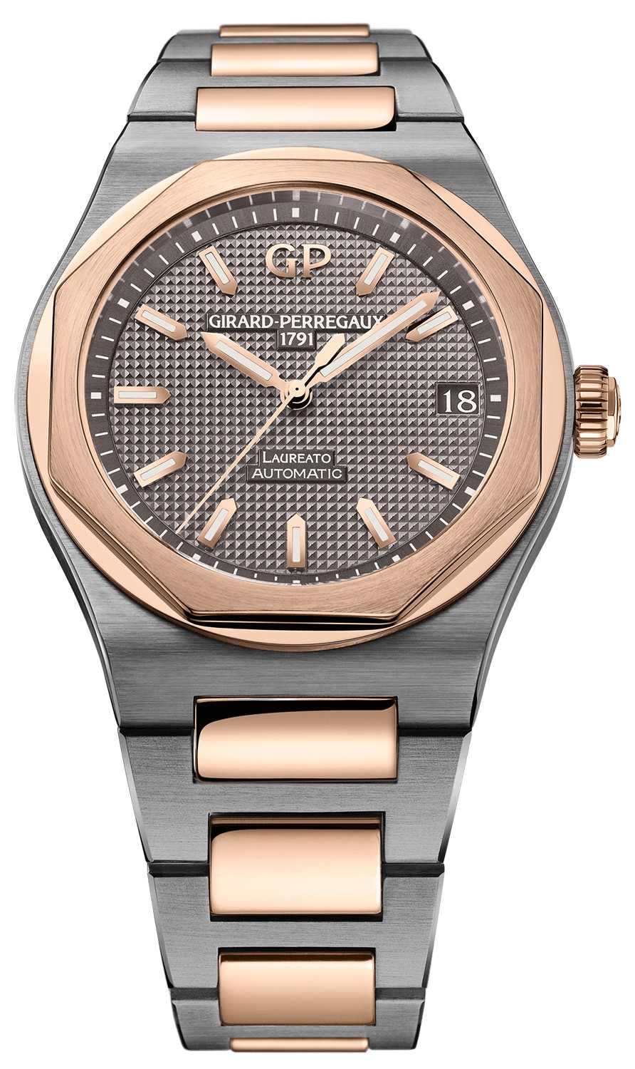 Laureato 38mm Automatic in Titanium with Rose Gold Bezel on Titanium and Rose Gold Bracelet with Grey Hobnail Guilloche Texture Dial