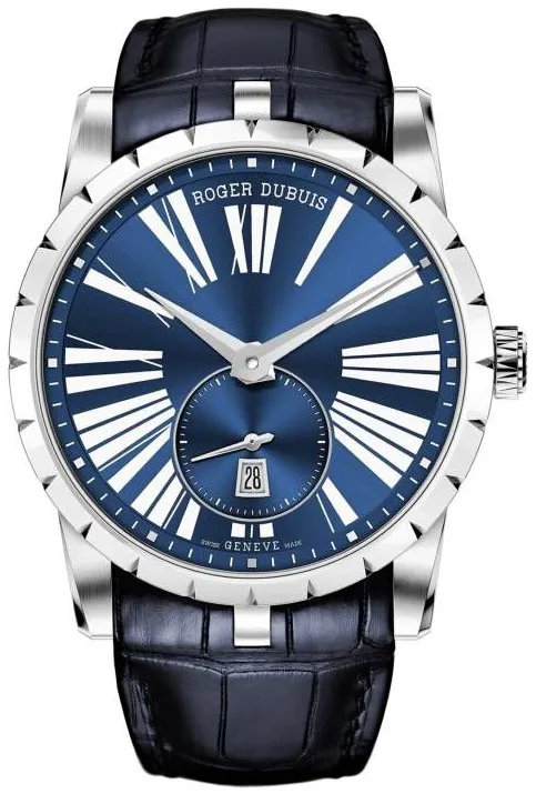 Excalibur 42mm in Steel on Blue Crocodile Leather Strap with Blue Roman Dial