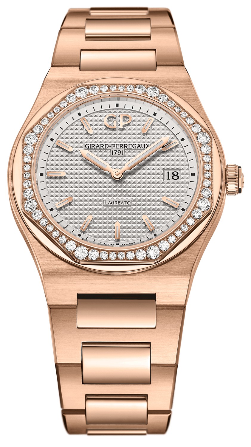 Laureato 34mm Quartz in Rose Gold with Diamonds Bezel on Rose Gold Bracelet with Silver Hobnail Guilloche Texture Dial
