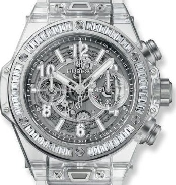 Big Bang Unico in Sapphire Crystal with Baguette Diamond Bezel On White Rubber Strap with Grey Skeleton Dial