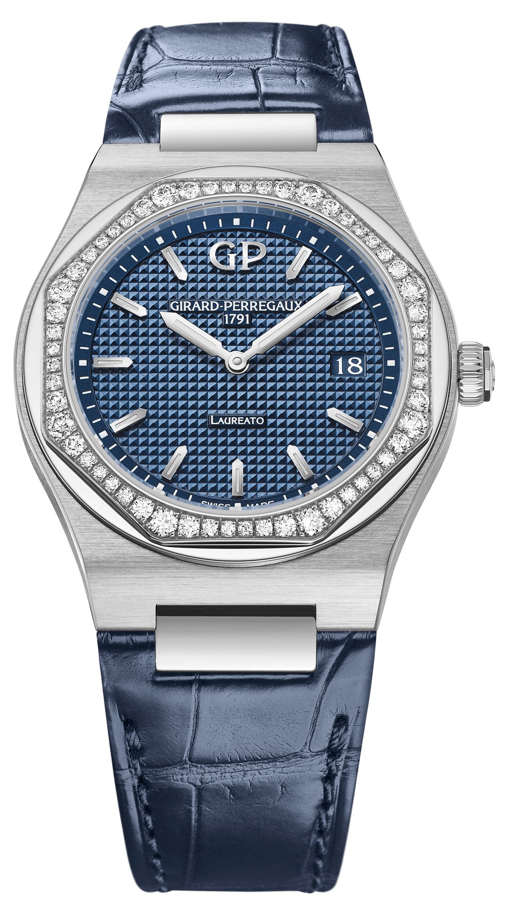 Laureato 34mm Quartz in Steel with Diamonds Bezel on Blue Alligator Leather Strap with Blue Hobnail Guilloche Texture Dial