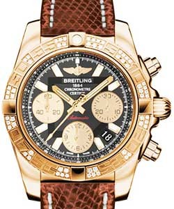 Chronomat 41 in Rose Gold with Diamond Bezel on Brown Lizard Leather Strap with Black Dial and Gold Subdials