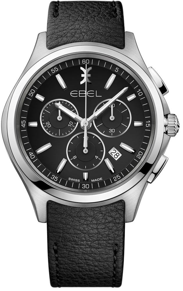 Classic Wave Chronograph 42mm in Steel on Black Calfskin Leather Strap with Black Galvanic Dial