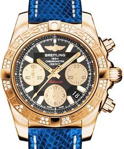 Chronomat 41 in Rose Gold with Diamond Bezel on Blue Marine Lizard Leather Strap with Black Dial and Gold Subdials