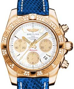Chronomat 41 in Rose Gold with Diamond Bezel on Blue Marine Lizard Leather Strap with White MOP Dial and Gold Subdials