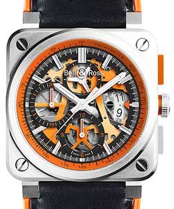 BR03-94 Aero GT Chronograph in Steel on Black and Orance Leather Strap with Skeleton Dial