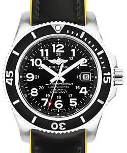 Superocean II 42mm in Steel with Black Bezel on Yellow Backing -Black Calfskin Leather Strap with Black Dial