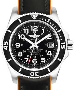 Superocean II 42mm in Steel with Black Bezel on Orange Backing- Black Calfskin Leather Strap with Black Dial