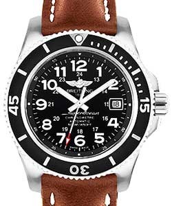 Superocean II 42mm in Steel with Black Bezel on Gold Calfskin Leather Strap with Volcano Black Dial